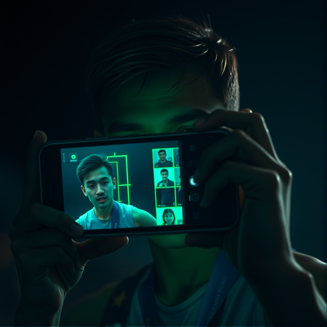 Atleta enviando selfie com linhas de reconhecimento facial e miniaturas detectadas