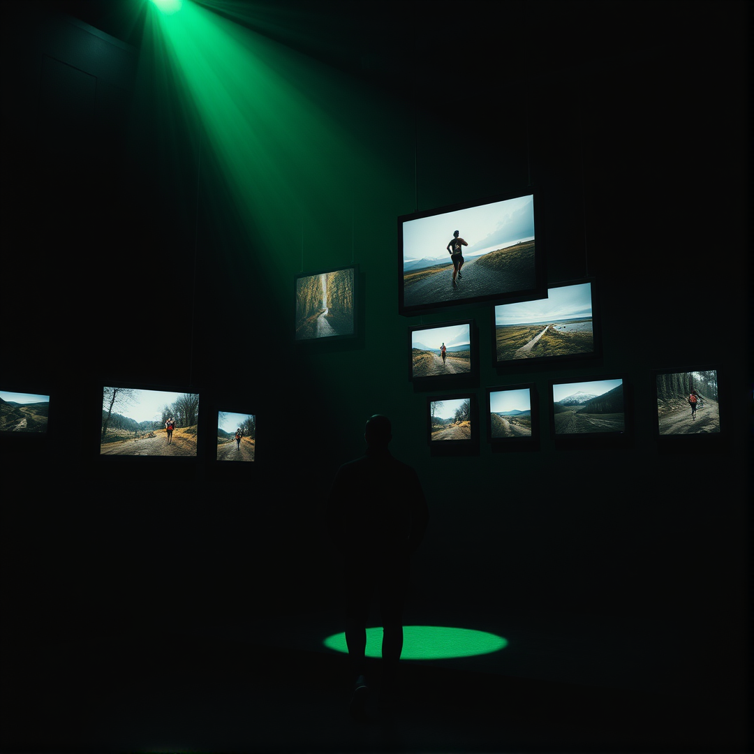Galeria flutuante de fotos esportivas iluminada por feixe verde