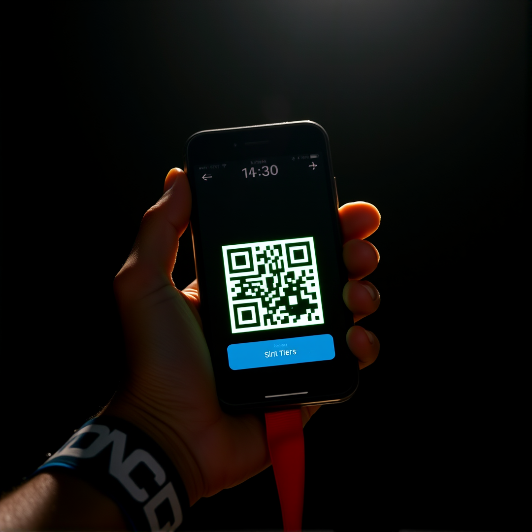 Atleta segurando smartphone com QR Code Pix iluminado