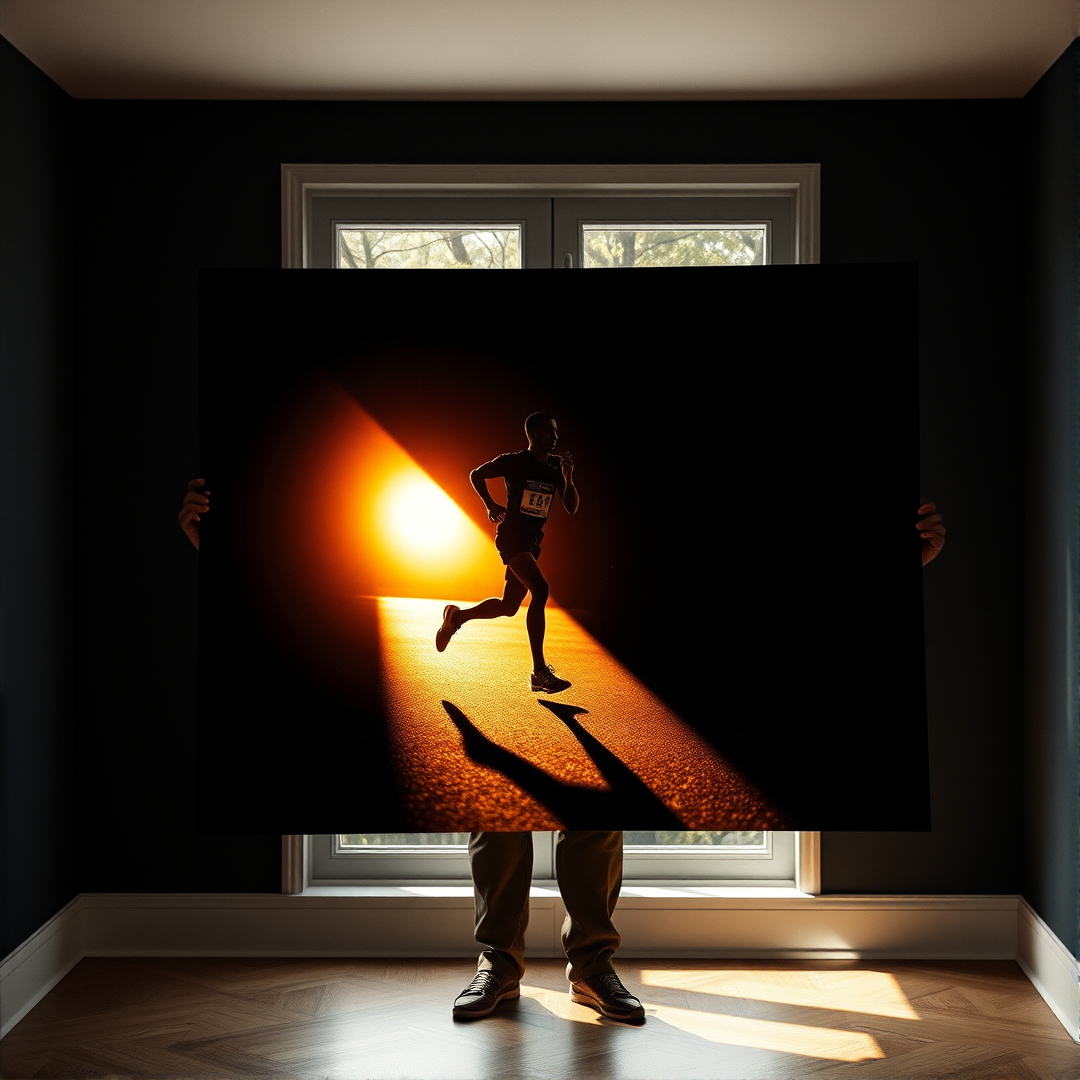 Print fine-art de runner sendo segurado em sala dark com luz natural pela janela